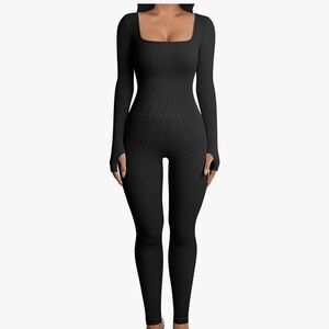 OQQ Women Long Sleeve Yoga Ribbed Jumpsuit-Black